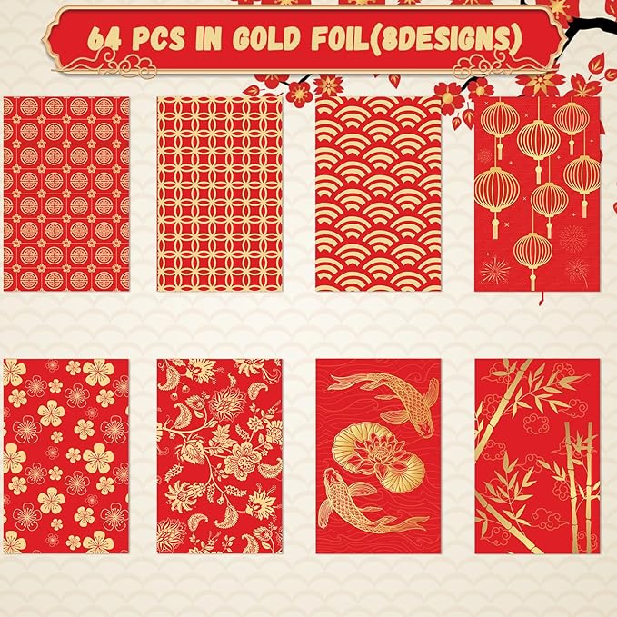 64 Pcs Red Envelopes Chinese New Year 2024 Lucky Money Envelopes Hong Bao Red Pocket Envelope for Money Year of the Dragon 2024 Gifts for Spring Festival Wedding Birthday