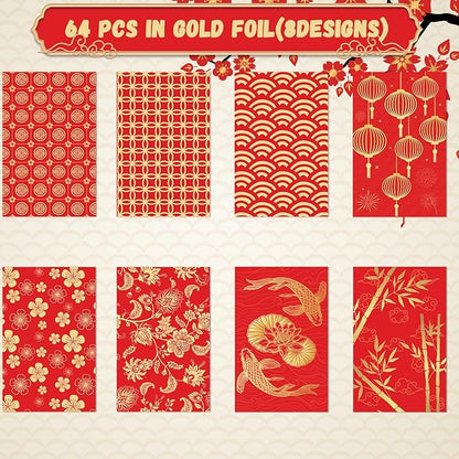 64 Pcs Red Envelopes Chinese New Year 2024 Lucky Money Envelopes Hong Bao Red Pocket Envelope for Money Year of the Dragon 2024 Gifts for Spring Festival Wedding Birthday