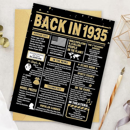 90th Birthday Card, 90th Birthday Decorations for Women Men, 90th Birthday Gifts for Grandma Grandpa, Back in 1935 Birthday Card, Black Gold