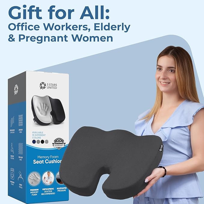 5 STARS UNITED Seat Cushion for Desk Chair - Tailbone, Coccyx Sciatica Pain Relief - Office Chair Cushions - Wheelchair Cushions - Car Seat Cushions - Pressure Relief Lifting Cushions