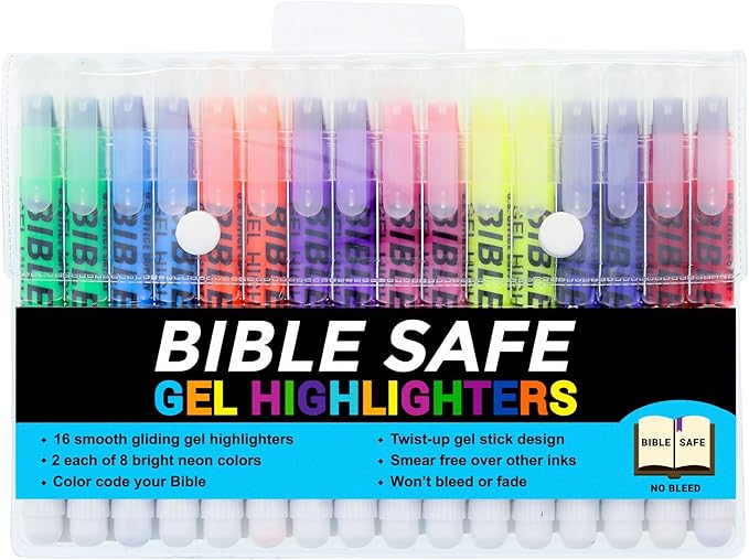 U.S. Office Supply Bible Safe Gel Highlighters, Pack of 16-2 Sets of 8 Bright Neon Fluorescent Highlight Colors Yellow, Orange, Pink, Purple, Green, Blue - Won't Bleed, Fade or Smear - Study Guide