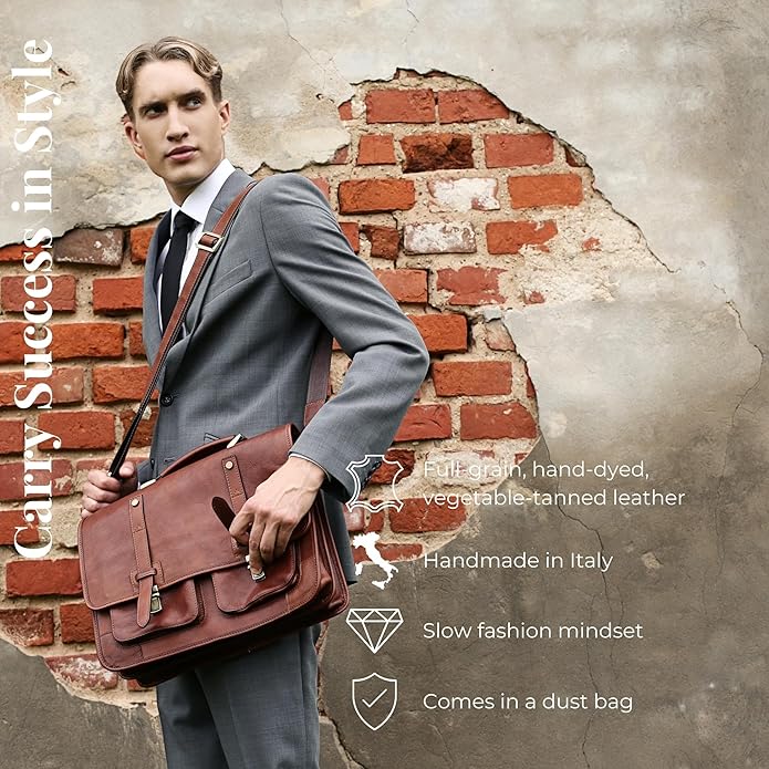 Time Resistance Leather Briefcase for Men - Business Laptop Bag - Italian Handmade Leather Bag - Messenger Bag