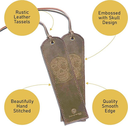 Leather Bookmark Handmade with Sugar Skull Heart Design - 2 Genuine Leather Book Marks for Reading - Unique Bookmarks for Men Women Girls | Gothic Book Lover Gifts for Bookworms Relatives and Friends