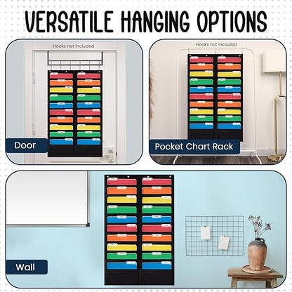 20 Pocket File Pocket Chart, Black, 28" Wide x 46" Tall - Versatile Wall Hanging File Folder Organizer for Classroom, Office, Home, and More - Wall Folder Organizer - 20 Pockets