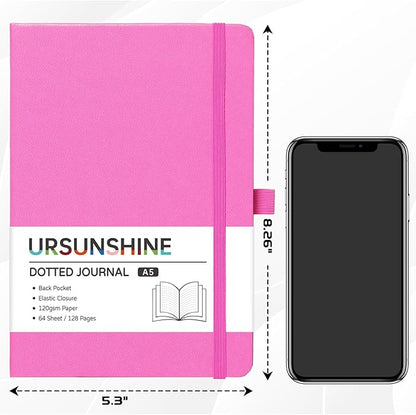 Dotted Journal/Notebook - Dot Grid Hard Cover Notebook, Premium Thick Paper with Fine Inner Pocket, Black Smooth Faux Leather, Pen Loop, 5.3'' x 8.26'' - Raspberry