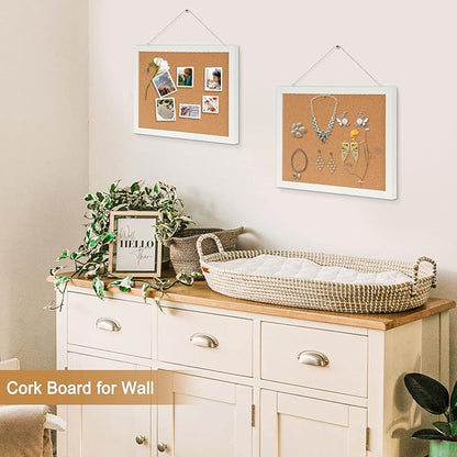 2-Pack Double-Sided Cork Board, 16" x 12" Hanging Wood Framed Small Bulletin Board, Picture Display Vision Board Kit Corkboards for Wall Room School Office Decor, 20 Pushpins (Vintage White)