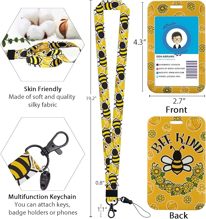 Cute Bee Kind Lanyards for Id Badges, Fashionable Badge Reel Heavy Duty with Carabiner Clip, ID Badge Holder with Lanyard, Nurse Teacher Office Gifts