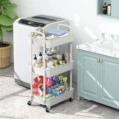 Sywhitta 3-Tier Plastic Rolling Utility Cart with Handle, Multi-Functional Storage Trolley for Office, Living Room, Kitchen, Movable Storage Organizer with Wheels, White