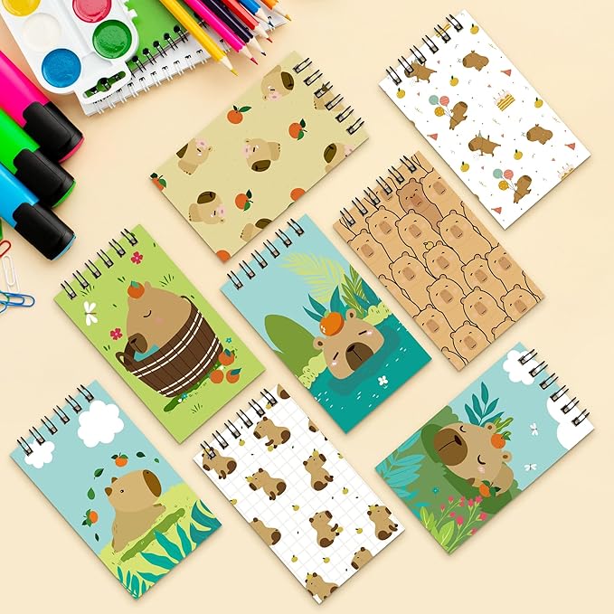 24 Packs Capybara Mini Spiral Notebooks Cute Animal Pocket Notepads Journal Memo Pads for Birthday Party Favors Gifts Goodie Bag Stocking Stuffers Office School Classroom Rewards, 8 Designs