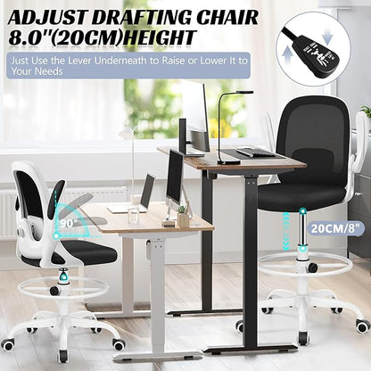 Drafting Chair, Tall Office Chair Ergonomic Standing Desk Chair,with Adjustable Footrest Ring, 3D Lumbar Support, Flip-up Armrests, Swivel Desk Stool for Drawing Working (White)