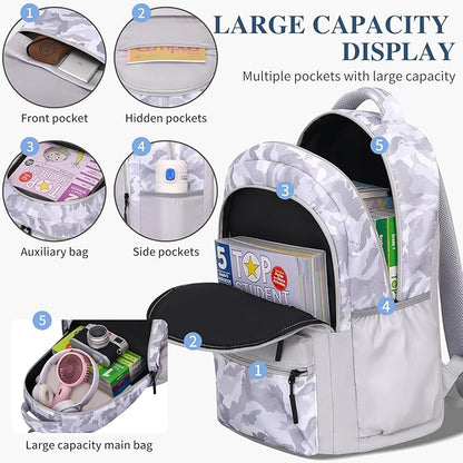 Cute Backpack for School Kids Camouflage Laptop Travel Backpack for Women Men Casual College Teen Bookbag(white)