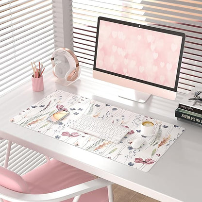 QIYI Large Mouse Pad, Cute Flower Desk Mat for Desktop, Women Girls Floral Office Décor Desk Accessories, PU Leather Waterproof Big Gaming Mousepad, Wildflowers Desk Pad Computer Mat, 31.5" x 15.7"
