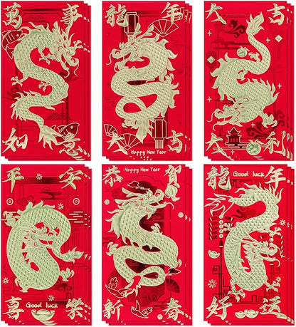 Red Envelopes Chinese New Year Dragon 2024, Lunar New Year of the Dragon Envelope Large Interoffice Envelopes Red Packet Hong Bao with 6 Different Gold Embossed Patterns (18 Pcs 6.69*3.54in)
