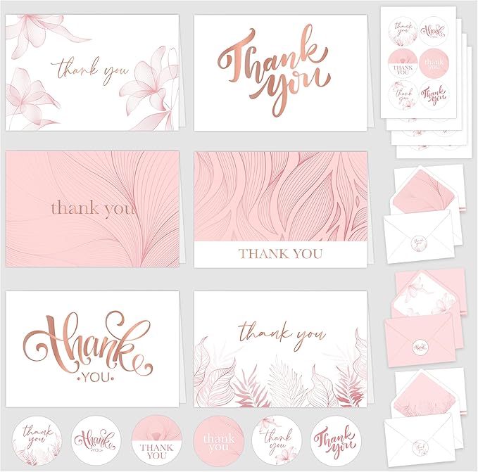 Decorably 24 Pack Gold-Foiled 6x4in Rose Gold Thank You Cards with Envelopes and Stickers, 6 Elegant Designs Pink Thank You Cards, Blank Inside - Bridal Shower, Baby Shower