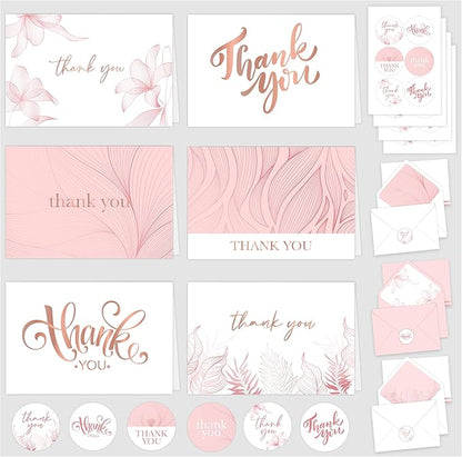 Decorably 24 Pack Gold-Foiled 6x4in Rose Gold Thank You Cards with Envelopes and Stickers, 6 Elegant Designs Pink Thank You Cards, Blank Inside - Bridal Shower, Baby Shower