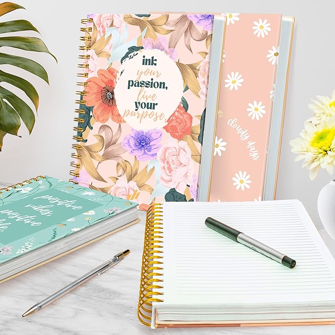 Spiral Notebook - 10.25" x 7.25" 300 Pages - Notebooks College Ruled, Prayer Journal, Wide Ruled Notebook Paper, Beautiful Gift for Women (Ink Your Passion) Floral