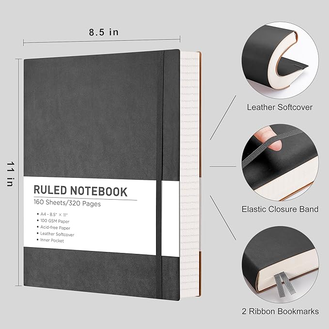 RETTACY Journaling Notebooks, A4 Lined Notebook Journal with 320 Pages, 8.5" × 11", Large Size, Notebook Journal for Work, School, Writing, Leather Softcover, 100 GSM Thick Paper (Gray)