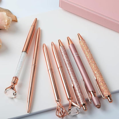 amassan 7Pcs Ballpoint Pens Set, Cute Pens with Crystal Diamond for Journaling, Black Ink Pen Gifts for Wedding Office Desk Supplies, Sand Glitter Pen for Women Office Decor