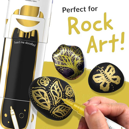5 Acrylic Gold Paint Pen Metallic - Gold Marker Metallic Paint for Wood, Fabric, Canvas, Leaf, Tire, Metal, Glass - Permanent Pen Fine Tip, Thin Point & Jumbo (1mm, 3mm, 6mm, 10mm, 15mm)
