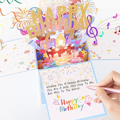 Tnvee 67TH Birthday Cards with Lights & Music & Candle, 3D Large Pop Up Happy Birthday Cards for Women Man Greeting Cards Decorations for 67 Years Old Mom Dad Grandparents