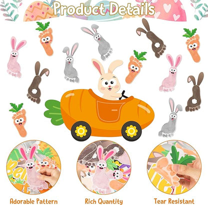 B1ykin 88Pcs Easter Footprint Carrot Bunny Bulletin Board Decoration, We Carrot Believe It’s Easter Cutout with Border Trim, Carrot Car Rabbit Footprints Supply for Kindergarten Preschool Chalkboard
