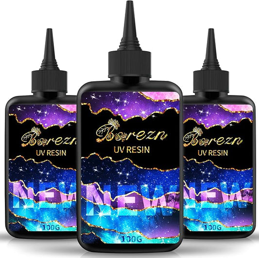 Bsrezn 300g UV Cure Resin Hard, Upgraded Crystal Clear Premixed Resin for Jewelry Making and Craft Decoration(3 x 100g)