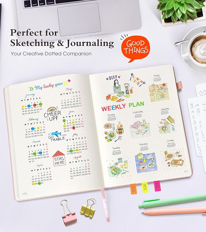 Dotted Journal Notebook, 360 Numbered Pages Bullet Journals, 100gsm Dot Paper Thick Hardcover Leather Journal for Writing Women Men,A5 Dotted Grid Notebooks for Work 5.75" x 8.38" Pink