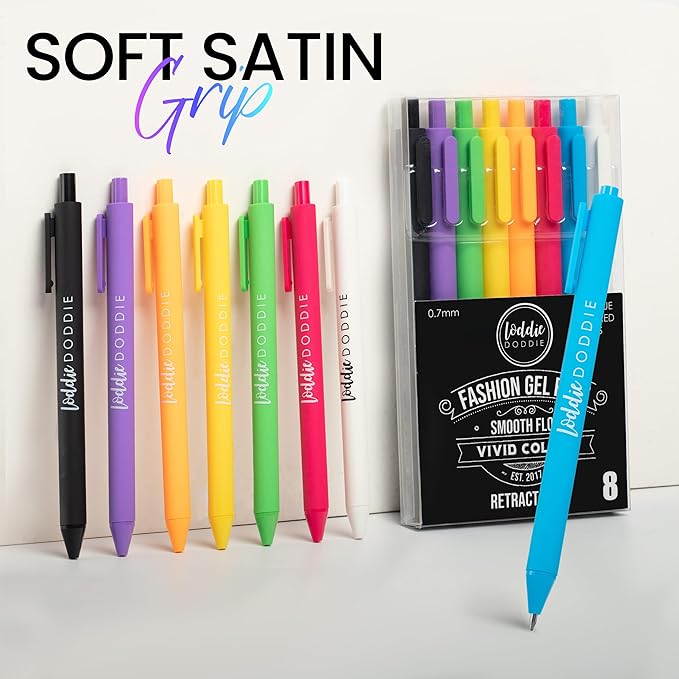 Loddie Doddie Gel Pens - 8-Pack 0.7 mm Medium Point Retractable, No Bleed, Smooth Writing Neon Ink for Journaling & Note Taking