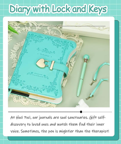 Diary with Lock and Keys for Girls Gift Ideas, 360 Gold Edged Pages Journal for Women, B6 Refillable Notebook for Writing with Pen and Bookmark (Garden Turquoise)