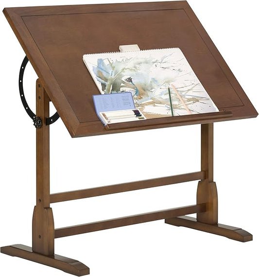 Studio Designs Vintage Drafting Table - Antique Design Solid Wood Drafting Table with Built-In Pencil Groove and Pencil Ledge - Angle Adjustable Work Surface