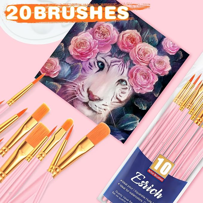 ESRICH Paint Brushes Set,2 Packs 20 Pcs Acrylic Paint Brush Set,Watercolor Oil Acrylic Nylon Hair Brushes,Artist Paintbrushes for Acrylic Oil Watercolor Painting Artist Professional Kits,Pink