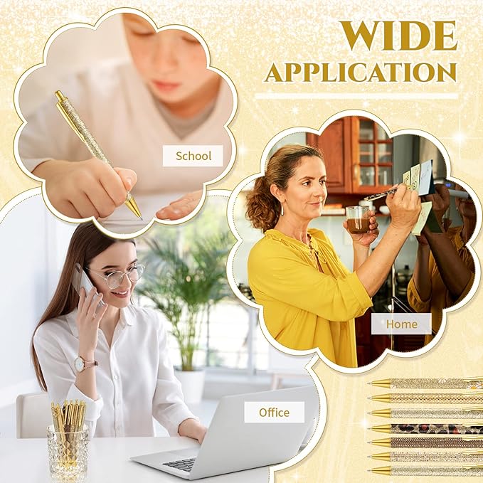 Sherr 7 Pcs Fancy Pens for Women Cute Sparkly Glitter Pens with 10 Pcs Black Ink Refills Pretty Gifts for Girls Office School Christmas Graduation(Gold,Delicate)