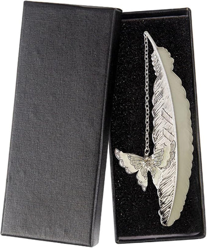 Feather Metal Bookmark with 3D Butterfly Pendant, Unique Glow in The Dark Butterfly Bookmark, Mothers Day, Thanksgiving, Valentine's Day Gifts Gift for Women Her (Silver Butterfly)