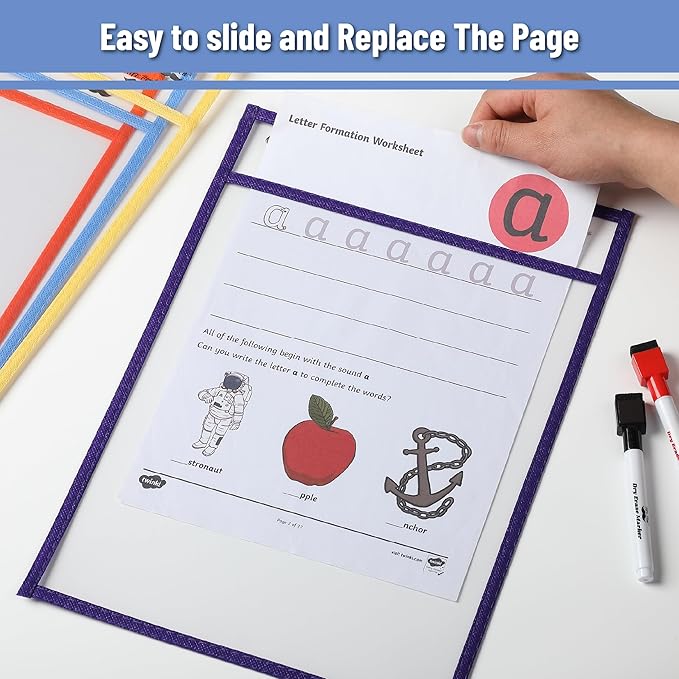 Mr. Pen- Dry Erase Pocket Sleeves, 10"x14", 6 pcs, Colorful Dry Erase Sleeves, Plastic Sleeves for Paper 8.5x11, Dry Erase Pockets Reusable Sleeves, Plastic Paper Sleeves, Dry Erase Sheet Protectors