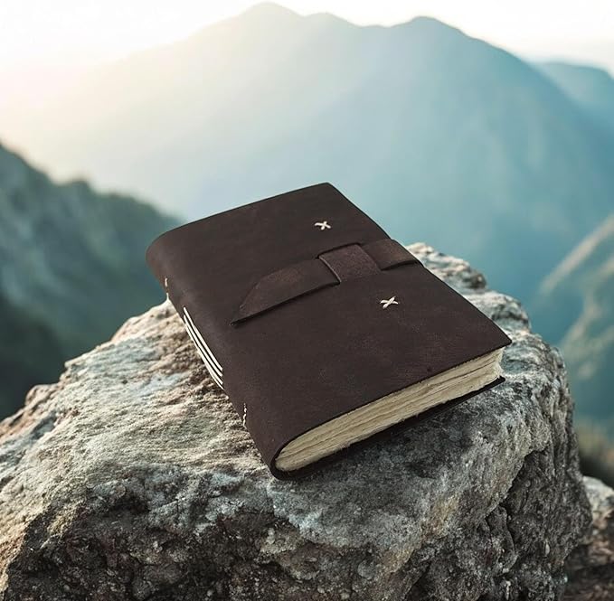 Kathmandu Valley Co. Nepali Traveler Vintage Leather Journal with Handmade Lokta Paper, 5x8 inch Office Notebook Planner, Made in the Himalayas of Nepal, Dark Brown Walnut