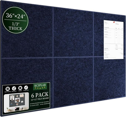 Large Cork Bulletin Board for Wall 36"x24", 6 Pack Felt Wall Tiles with 50 Pushpins, 30 Safe Removable Adhesive Tabs, Decorative Pin Board Tack Board for Office Home School, Dark Blue