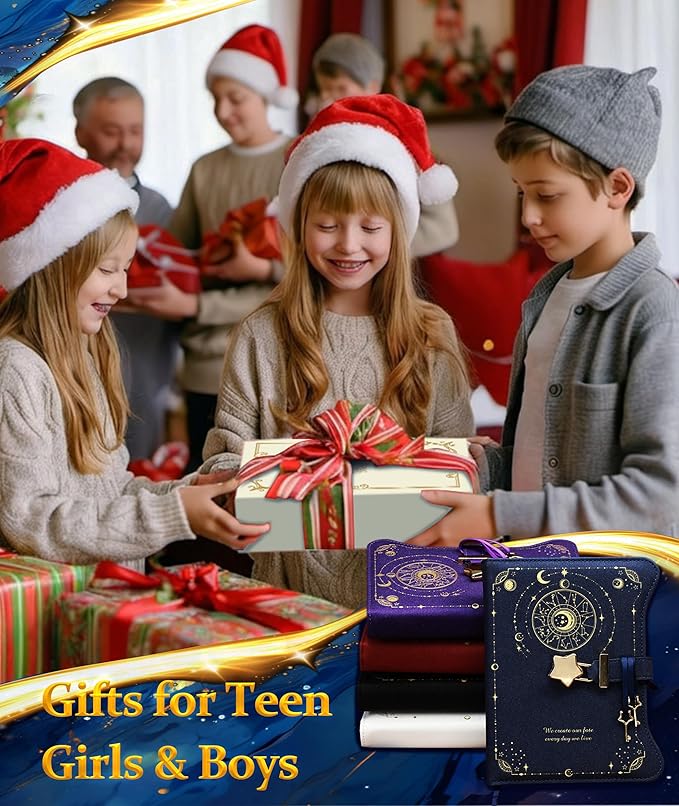 Diary with Lock and Keys for Girls Gift Ideas, 360 Gold Edged Pages Journal for Women, B6 Refillable Notebook for Writing with Pen and Bookmark (Astro White)