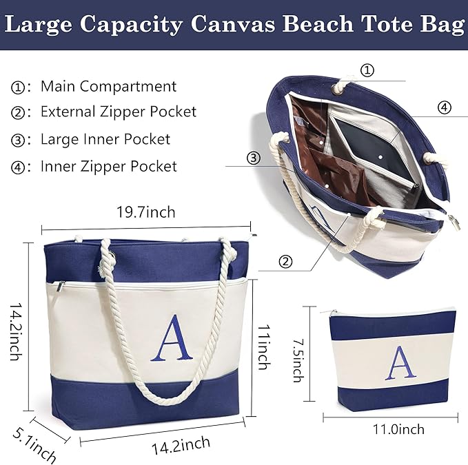 YOOLIFE Christmas Gifts for Women - Initial Canvas Tote Bag & Makeup Bag, Birthday Gifts for Women Mom Teacher Friend Sister