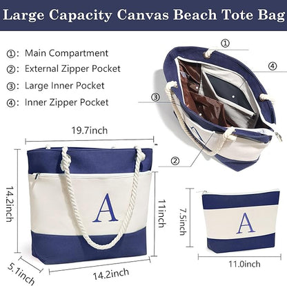 YOOLIFE Christmas Gifts for Women - Initial Canvas Tote Bag & Makeup Bag, Birthday Gifts for Women Mom Teacher Friend Sister