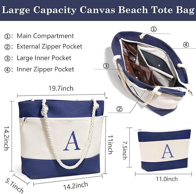 YOOLIFE Christmas Gifts for Women - Initial Canvas Tote Bag & Makeup Bag, Birthday Gifts for Women Mom Teacher Friend Sister