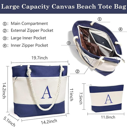 YOOLIFE Christmas Gifts for Women - Initial Canvas Tote Bag & Makeup Bag, Birthday Gifts for Women Mom Teacher Friend Sister