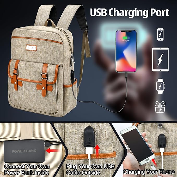 Nicole Miller Travel Laptop Backpack-Business Anti Theft Vintage Backpack with USB Charging Port-Water Resistant Computer Bag (Tan)