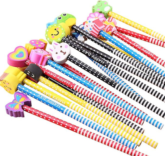 BUSHIBU Cute Pencils for Kids, Fun Pencil with Erasers Toppers, Woodcased #2 Pencils for School Classroom(12 Pack)