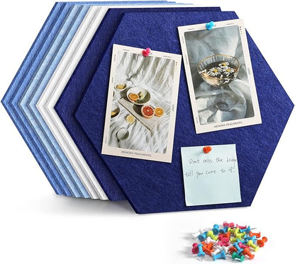 12" Large Bulletin Board with 30 Push Pins, Pack of 8 Hexagon Felt Pin Board Notice Boards for Home Office Kitchen, Felt Wall Tiles for Photos Memos