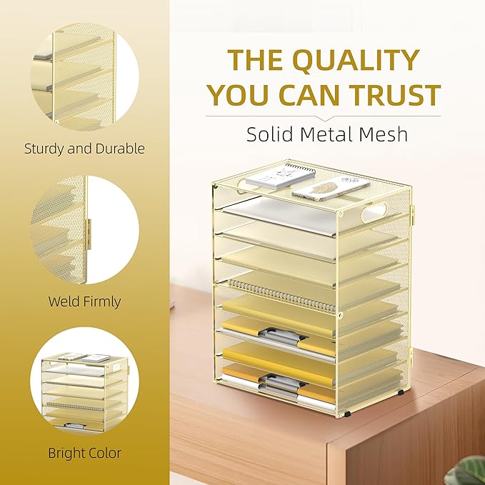 DALTACK 9-Tier Paper Letter Tray Desk Organizer with Handles, Mesh File Holder Organization, File Organizer for Desk Paper Sorter for Office Home School, Gold