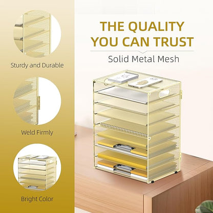 DALTACK 9-Tier Paper Letter Tray Desk Organizer with Handles, Mesh File Holder Organization, File Organizer for Desk Paper Sorter for Office Home School, Gold