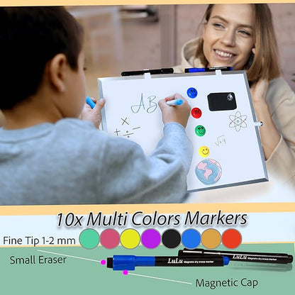 Dry Erase White Board for Kids, 16inX12in Large Magnetic Desktop Whiteboard with Stand Wall Hanger, 10 Markers, 4 Magnets, 1 Eraser, Portable Double-Sided Easel for Kids to Do List Desk Board