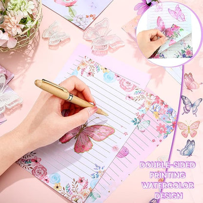 TaoBary 160 Packs Stationery Paper Set (50 Double Sided Stationery Writing Papers 50 Matching Envelopes) 60 Round Dot Sticker, 10 Design(Watercolor Butterfly,5.5 x 8.25 Inch)