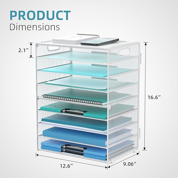 DALTACK 9-Tier Paper Letter Tray Desk Organizer with Handles, Mesh File Holder Organization, Paper Sorter Desk Organizer for Office Home School, White 2 Pack