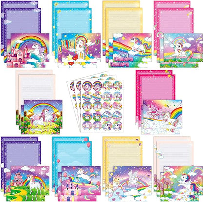 TaoBary 160 Packs Stationery Paper Set (50 Double Sided Stationery Writing Papers 50 Matching Envelopes) 60 Round Dot Sticker, 10 Design(Unicorn,8.5 x 11 Inch)